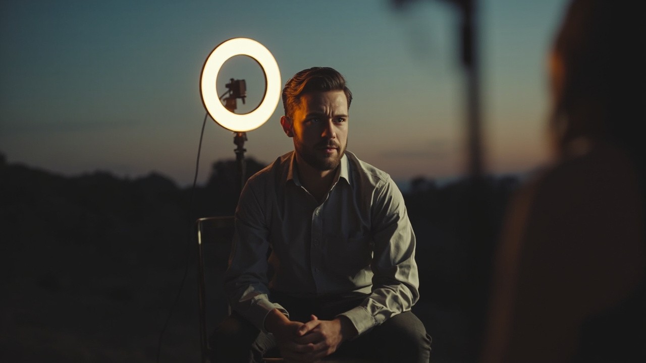 Person sitting stiffly in front of a webcam ring light during a live video presentation