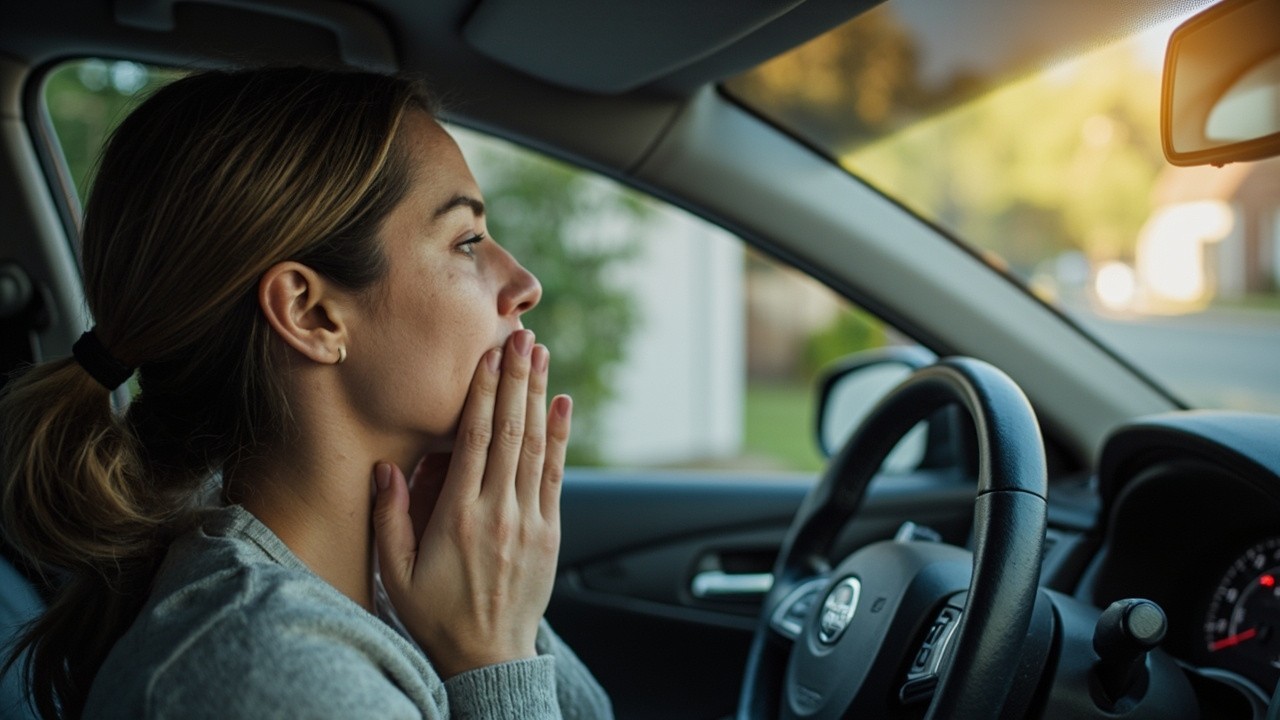 Woman sitting in a parked car with her hands on the steering wheel, exhaling before walking to a front door