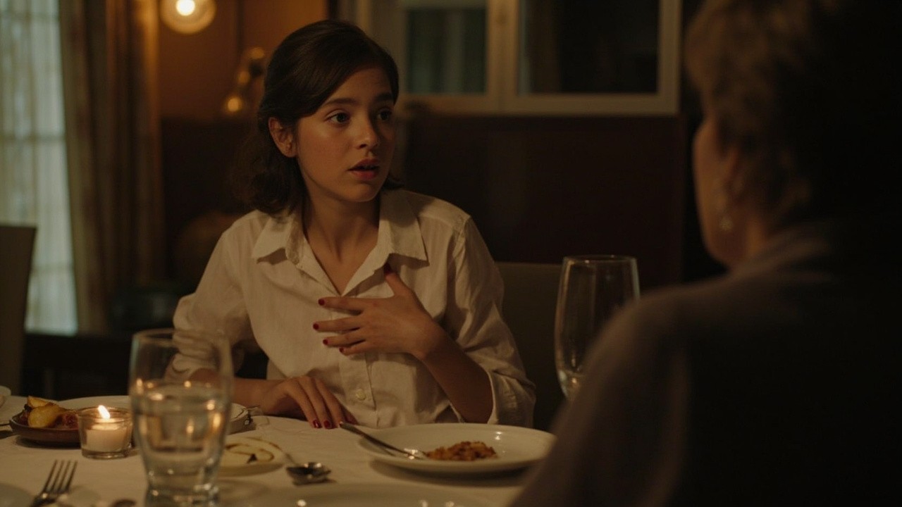 Adult daughter with a set jaw at a dinner table across from her mother, one hand resting on her chest