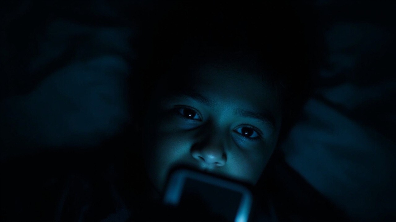 Person lying in bed in the dark, face lit by a phone screen, looking exhausted