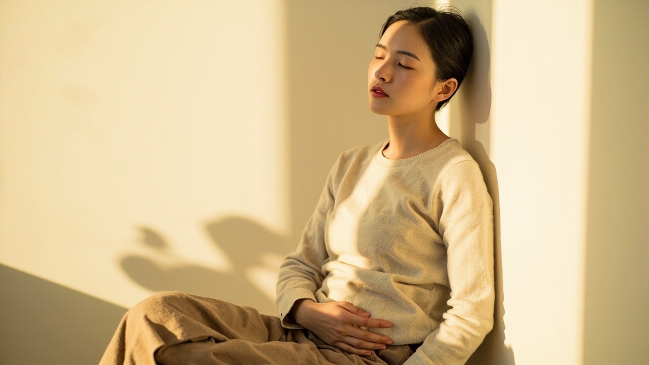 Person seated with one hand resting on their belly, shoulders relaxed and eyes softly closed in calm natural light