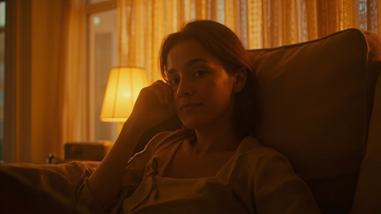 Person sitting alone on a couch in dim evening light, looking tired but not distressed