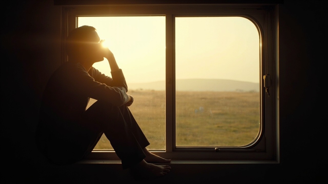 Exhausted but calm person sitting quietly by a window in soft morning light