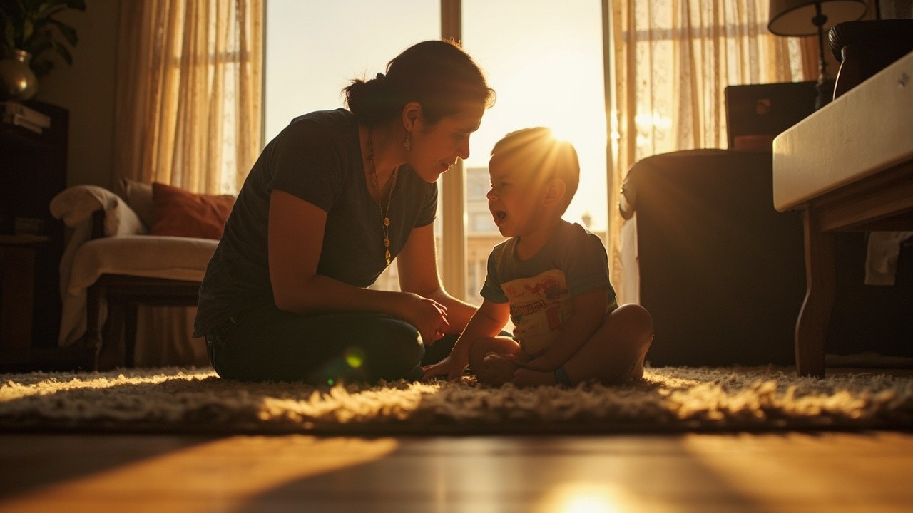 A parent crouching beside a crying toddler in a sunlit living room, pausing to breathe slowly