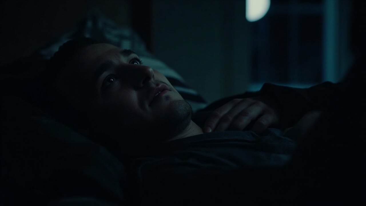 Person lying awake in a dark bedroom, hand on chest, eyes open with a worried expression, soft moonlight through the window