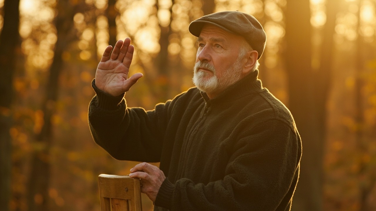 An older adult practising a slow tai chi weight-shift beside a chair in soft daylight