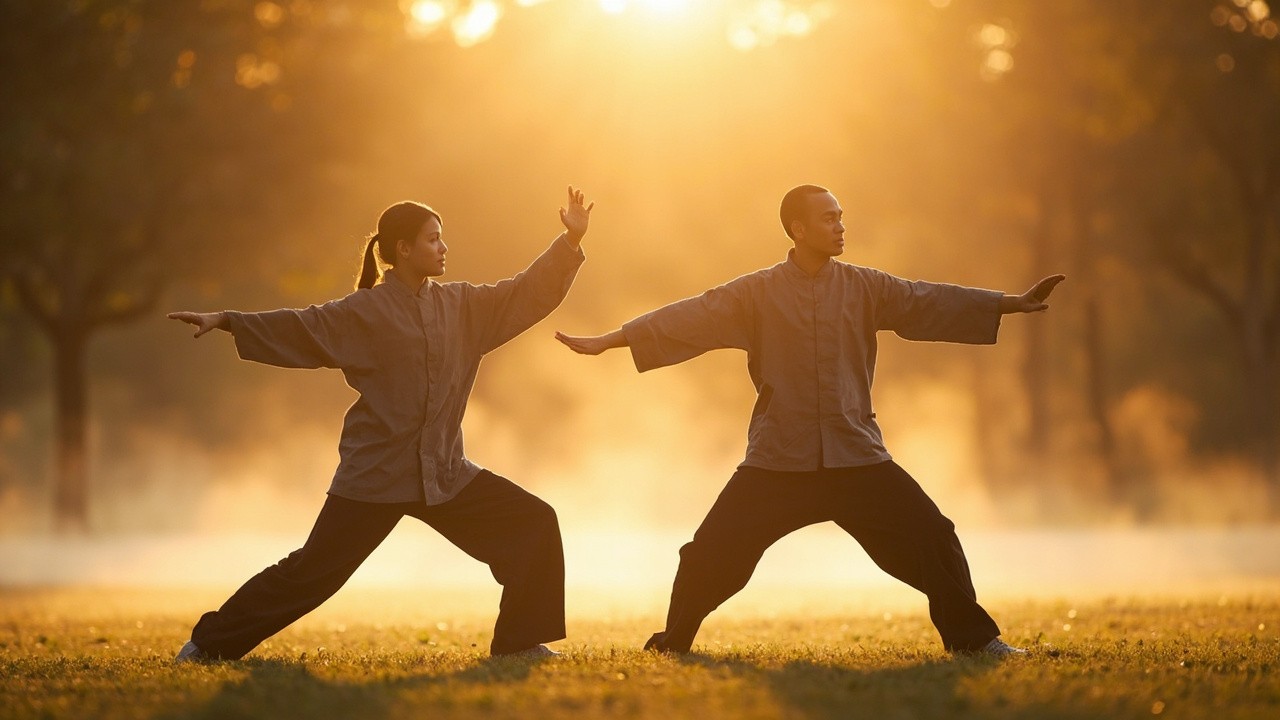 Two people practicing slow flowing arm movements side by side in a sunlit park