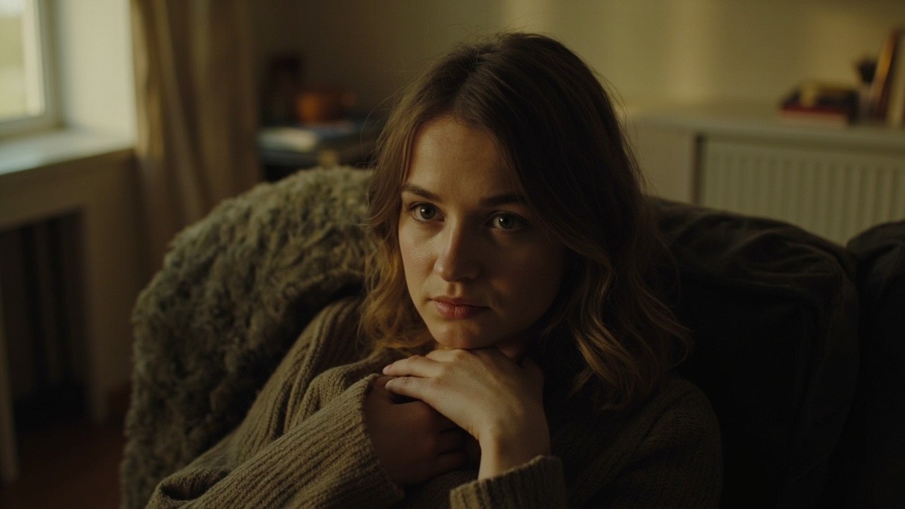 Close-up of tense shoulders and a clenched jaw beginning to release in soft neutral light
