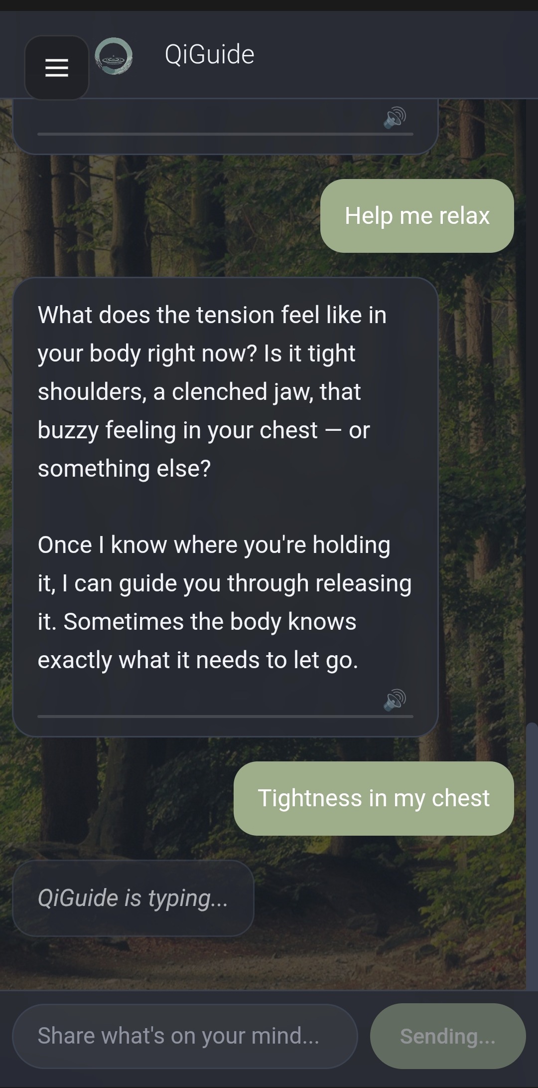 QiGuide AI chat showing personalized stress and breathing guidance